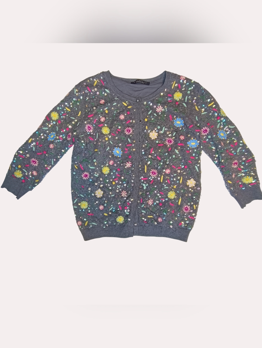 TWINSET Milano Embroidered Floral Cardigan Grey Sequin Embellished Size M